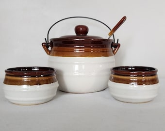 Vintage Stoneware Bean Pot With Lid Ladle 2 Bowls Soup Pot 5 Piece set Glazed