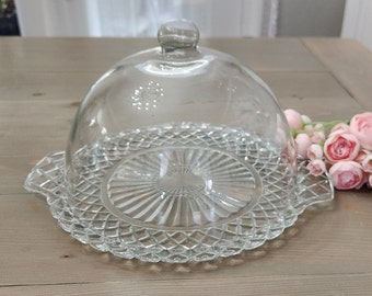 Vintage Anchor Hocking Waterford Waffle Cake Plate/Platter With Handles and Glass Dome Clear Round Glass Serving Tray