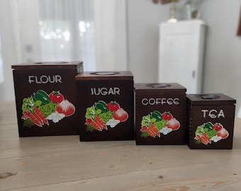Vintage Wooden Nesting Canisters Set Of 4 With Plastic Inserts, Vegetable Medley Design, Flour Sugar Coffee Tea Kitchen Storage