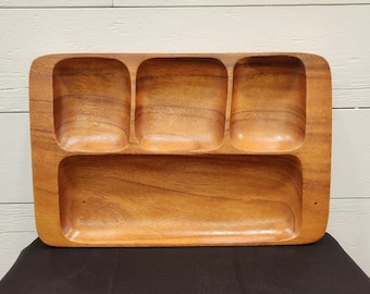 Vintage Mid Century Wooden Divided Tray Serving Tray Craft Tray Rectangle Tray Platter Solid Wood