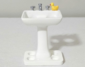 Vintage Rubber Ducky Pedestal Sink Toothbrush Holder,  Whimsical Novelty Bathroom Decor, Retro Molded Resin Sink Organizer
