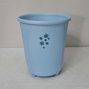 Vintage Rubbermaid Light Blue Wastebasket With Floral Design 1970s Retro Trash Can #2940