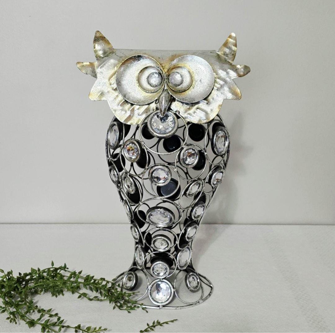 Vintage Pier 1 Imports Jeweled Metal Owl Sculpture, 15 3/4" Boho Silver Crystal Bird Statue