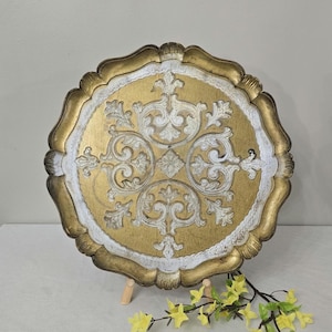 Vintage Italian Florentine Style Gold And White Tray 15 1/2 inch Made In Italy