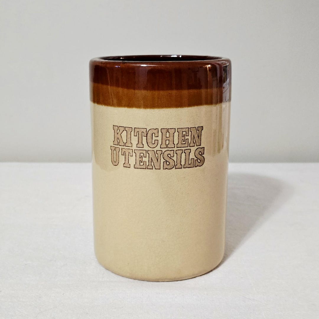 Vintage 1970s Stoneware Kitchen Utensil Crock, Retro Brown And Tan Farmhouse Pottery