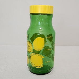 Vintage Anchor Hocking Green Glass Lemon Juice Jar With Plastic Yellow Lid