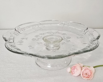 Vintage Anchor Hocking Savannah Clear Glass Cake Stand, 12" Scalloped Edge Floral Pedestal Plate