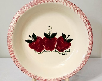 Vintage East Texas Pottery Apple Pie Plate, Red Spongeware Hand Painted Ceramic Baking Dish