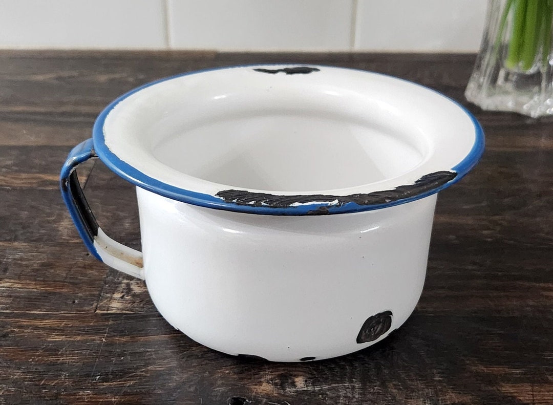 Vintage Enamelware Chamber Pot White With Blue Trim Small Chippy Enamel