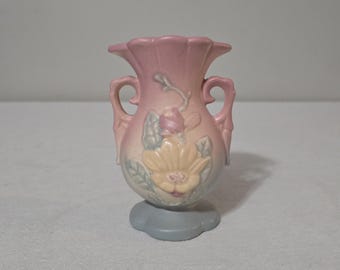 Vintage Hull Art Pottery Magnolia Vase, Matte Pink And Blue Floral Double Handled Vase, 4 3/4" Tall #13