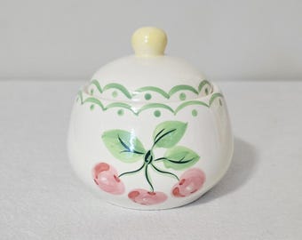 Vintage Heather Outlaw Cherry Sugar Bowl With Lid, Fleurtations For Essex Hand Painted Ceramic Kitchen Decor