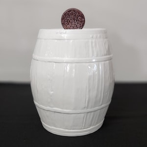 Vintage Mancer Ceramic Cookie Jar Canister C32 White Barrel Design With Cookie Knob Made In Italy
