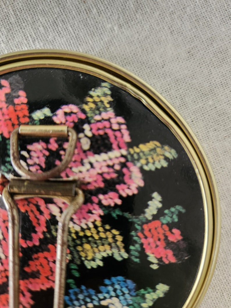 Vintage Compact Mirror Needlepoint Design Hand Held Pocket Mirror Rose Point Hideaway Mirror image 8