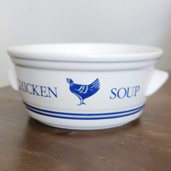 Vintage FTD Chicken Soup Bowl White Blue Chicken Ceramic Blue Stripes Handled Bowl