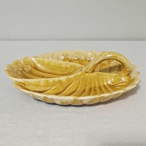 Vintage MCM California Pottery Divided Serving Dish, Shell Leaf Relish Tray With Handle