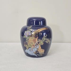 Vintage Cobalt Blue Ginger Jar With Floral And Gold Pheasant Motif