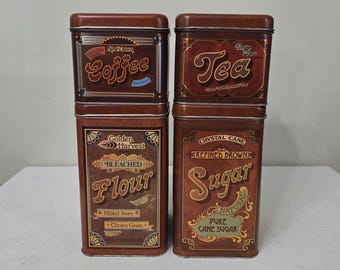 Vintage Chein Golden Harvest Metal Canisters, Set Of 4 1970s Stackable Flour Sugar Coffee Tea Tins