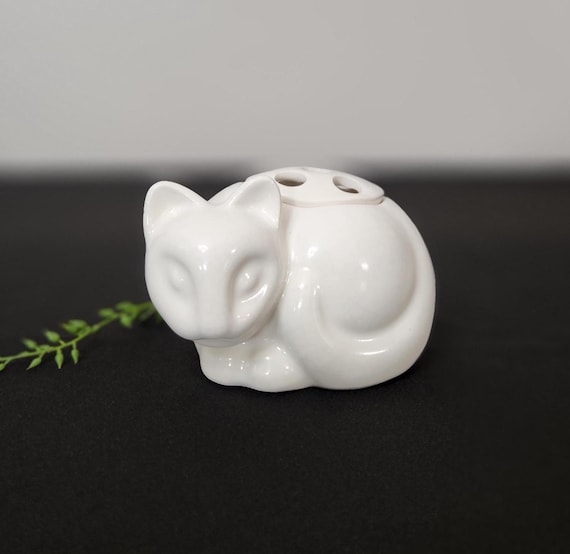Vintage Nancy Lopez Ceramic Cat Flower Frog, White Ceramic Feline