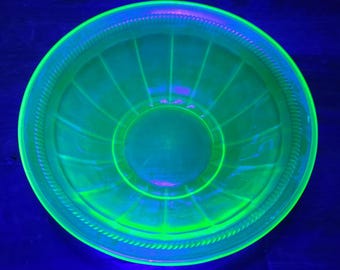 Vintage Federal Glass Colonial Fluted Rope Uranium Serving Bowl, Green Depression Glass, Vaseline Glass
