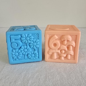 May include: Two soft, textured baby blocks. One block is blue with the number 5 and floral designs. The other block is pink with the number 6 and mushroom designs.