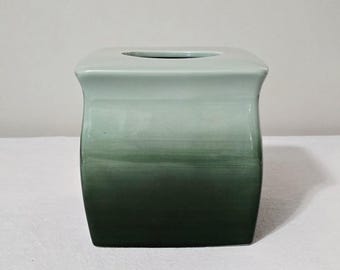Vintage Wamsutta Brushstrokes Tissue Box Cover, Hand Painted Green Ombre Ceramic Bathroom Decor