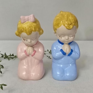 Vintage Hand-Painted Ceramic Kneeling In Prayer Boy And Girl 6&quot; Figurines