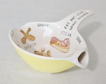 Vintage Fat And Lean Gravy Separator Bowl With Hand Painted Meat Illustrations, Retro Kitchenware
