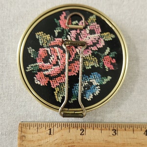 Vintage Compact Mirror Needlepoint Design Hand Held Pocket Mirror Rose Point Hideaway Mirror image 9