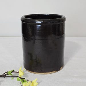 Antique Brown Albany Slip Glazed Stoneware Crock, Half Gallon 6 1/2" Primitive Farmhouse Pottery Utensil Holder