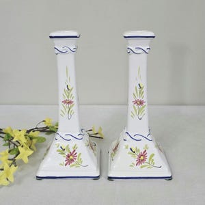 Vintage Holu Hand-Painted Portugese Candlestick Holders White With Floral Motif Set Of 2