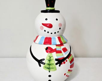 Snowman Cookie Jar with Cardinal And Christmas Tree, Ceramic Holiday Kitchen Decor