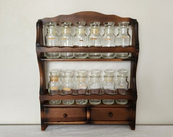 Vintage Wooden Spice Rack Set Of 12 Apothecary Glass Jars