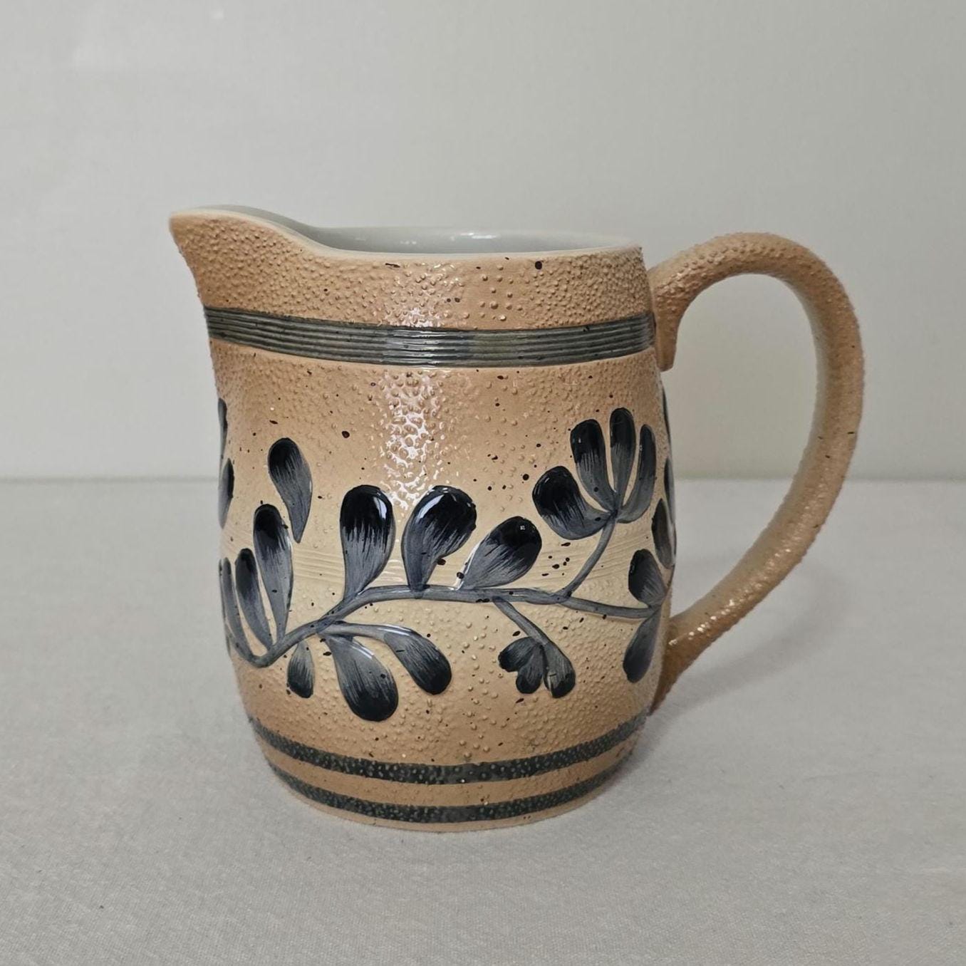Teleflora Williamsburg Stoneware Pitcher, Cobalt Blue and Tan Folk