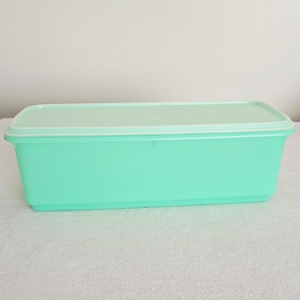 May include: A rectangular, mint green plastic container with a matching lid. The container is designed for storage and has a simple, clean design. The lid fits snugly on top, creating a secure seal.