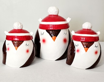 Vintage Arlington Designs Christmas Owl Canister Set of 3, Ceramic Holiday Cookie Candy Jars with Red Winter Hats
