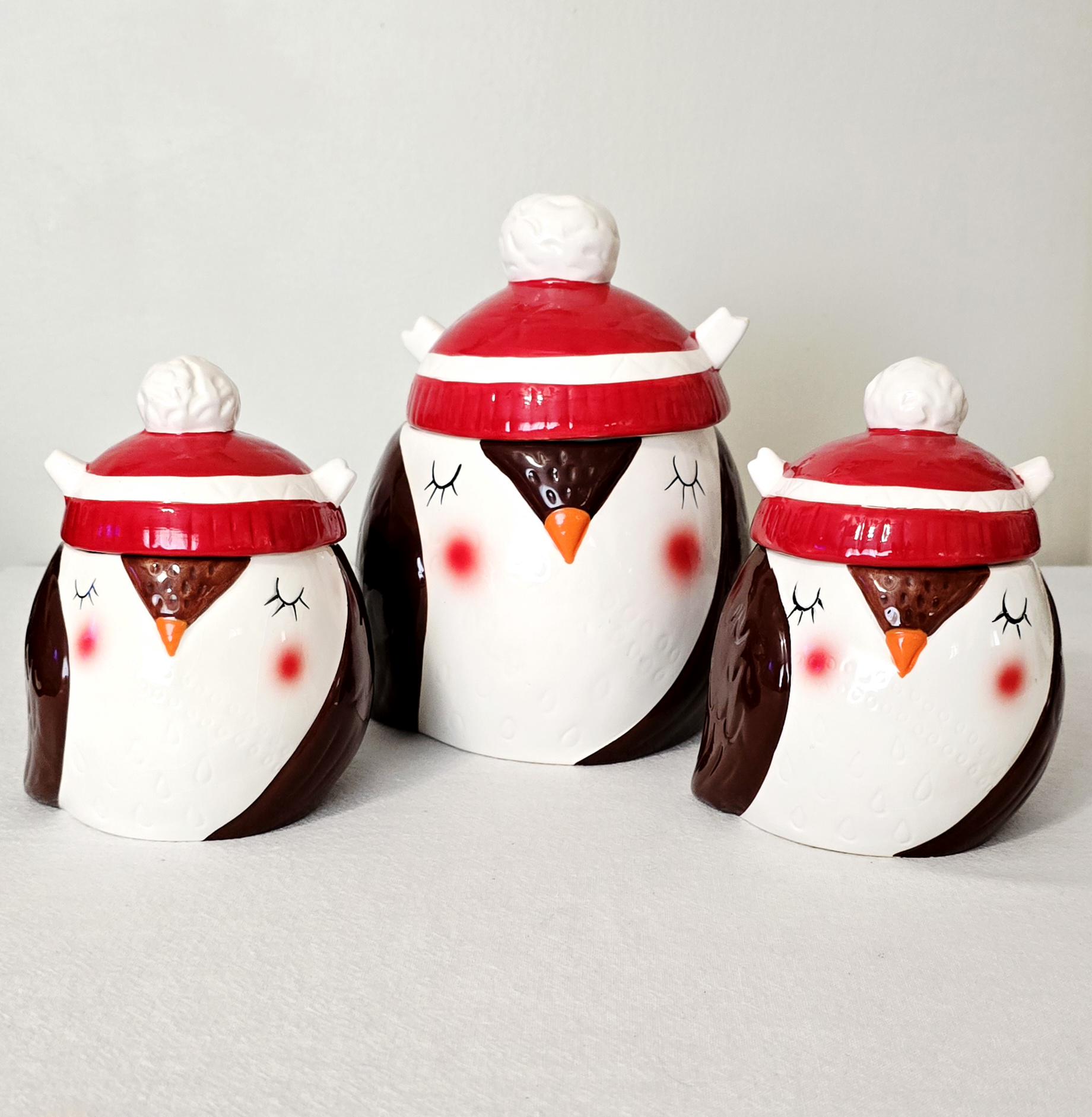 Vintage Arlington Designs Christmas Owl Canister Set of 3, Ceramic Holiday Cookie Candy Jars with Re