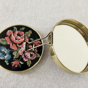 Vintage Compact Mirror Needlepoint Design Hand Held Pocket Mirror Rose Point Hideaway Mirror image 7