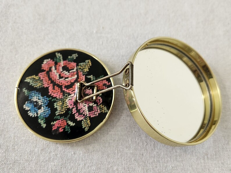 Vintage Compact Mirror Needlepoint Design Hand Held Pocket Mirror Rose Point Hideaway Mirror image 7