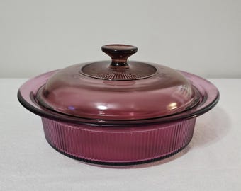 Vintage Corning Vision Cranberry Glass Casserole Dish V-32-B, 1.5 Quart With Pyrex Lid V2.5C