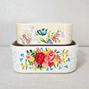 Pioneer Woman Sweet Rose Rectangle Nesting Casserole Baking Dishes, Set Of 2 Large & Medium Stoneware No Lids