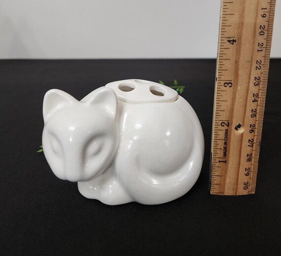 Vintage Nancy Lopez Ceramic Cat Flower Frog, White Ceramic Feline