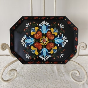 Vintage Hand Painted Floral Design On Black Metal Tray Flowers Display Tray