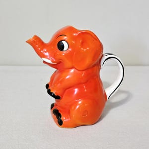 Rare Dep Goebel S487/1 Orange Elephant Creamer Pitcher, 1930s Double Crown TMK-1 Mark, German Porcelain Figural Art Deco Pitcher