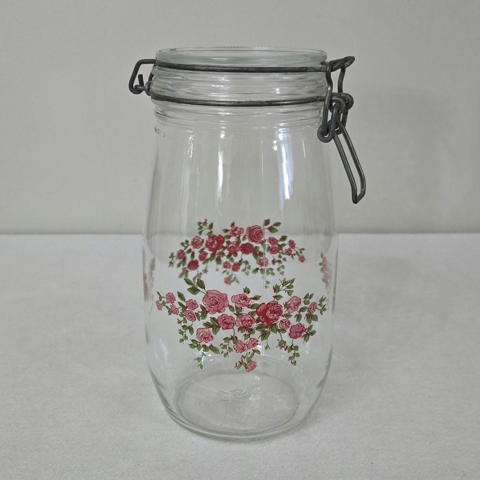 Vintage Arc France Glass Canister With Rose Design and Hinged