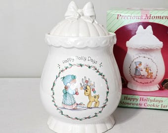 Vintage Precious Moments Happy Holly Days Cookie Jar With Box, 1994 Enesco Christmas Stoneware Canister