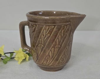 Vintage USA Pottery Brown Glazed Stoneware Creamer, Embossed Diagonal Stripes Laurel Leaf Design 5 1/4" Pitcher