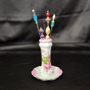 Vintage RS Prussia Porcelain Hatpin Holder And 6 Hatpins Pink Rose Design With Gold Trim