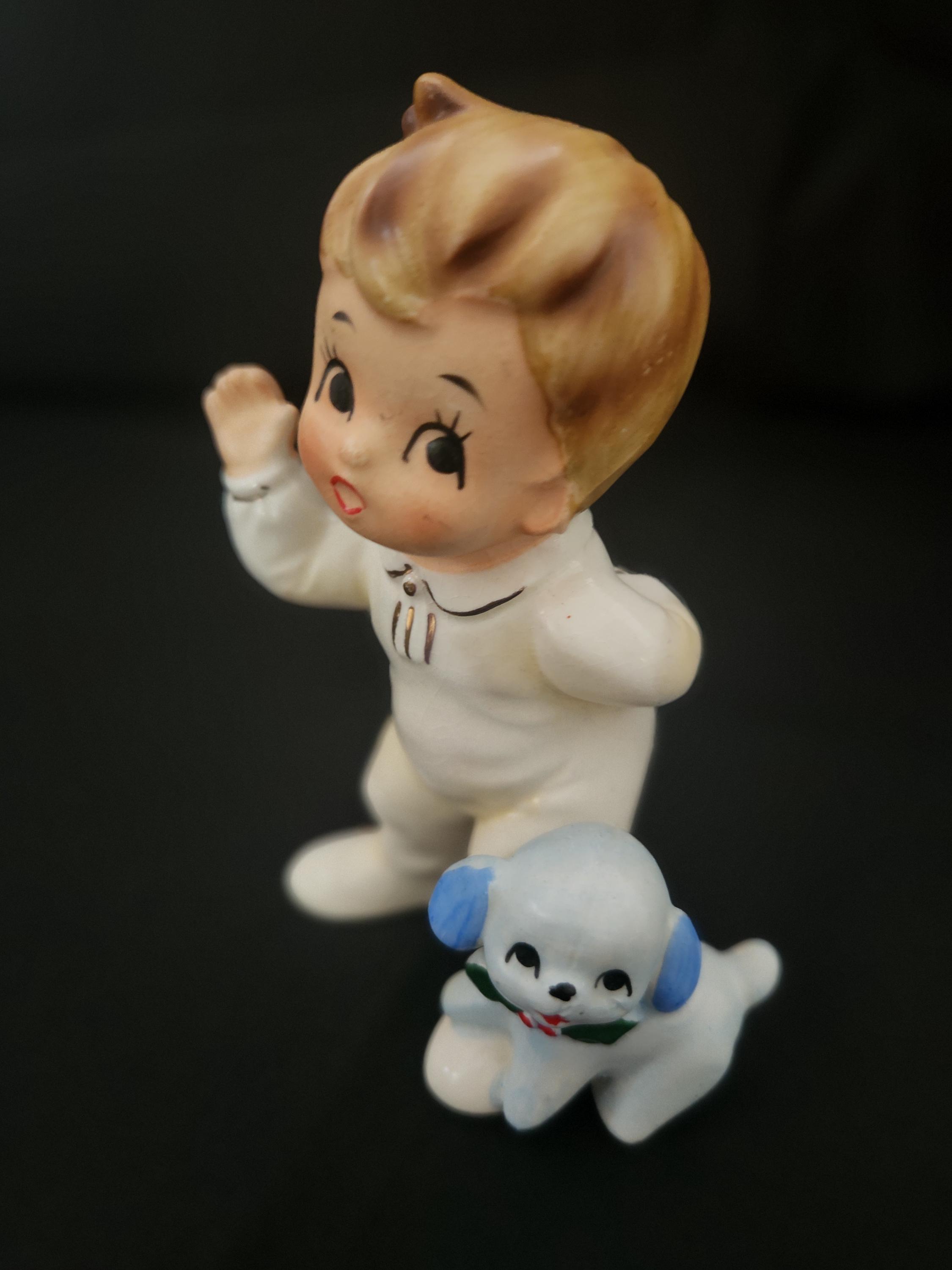 Vintage Josef Originals Little Boy in Pajamas and Puppy