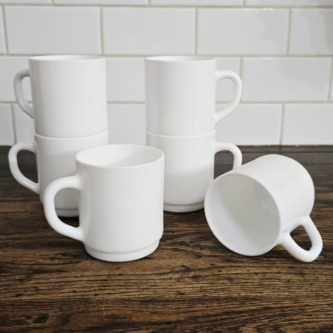 Vintage Arcoroc White Opal Glass Mugs, Set of 6 10oz Arcopal Milk Glass ...