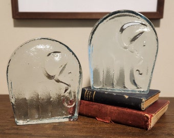 Blenko Clear Glass Elephant Bookends by Joel Myers Vintage